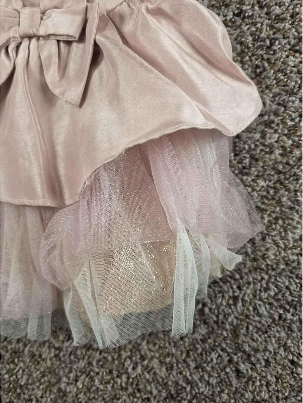 Bonnie Baby Girls Sz 12M Short Sleeve Formal Dress Champagne Pink Gold Tulle Bow